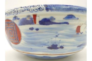 江戸期　古伊万里　色絵　染付　山水文　1尺皿　約31.5cm　藍色の濃淡で表現された図が魅力的な深鉢(一尺、深皿、和食器、和皿)(R-061979)