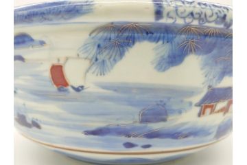 江戸期　古伊万里　色絵　染付　山水文　1尺皿　約31.5cm　藍色の濃淡で表現された図が魅力的な深鉢(一尺、深皿、和食器、和皿)(R-061979)