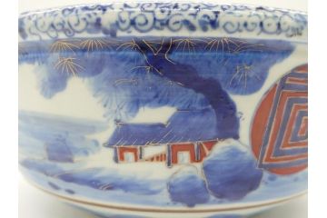 江戸期　古伊万里　色絵　染付　山水文　1尺皿　約31.5cm　藍色の濃淡で表現された図が魅力的な深鉢(一尺、深皿、和食器、和皿)(R-061979)