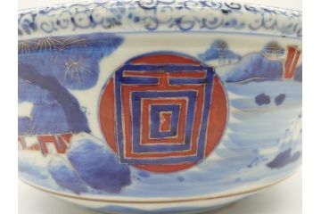 江戸期　古伊万里　色絵　染付　山水文　1尺皿　約31.5cm　藍色の濃淡で表現された図が魅力的な深鉢(一尺、深皿、和食器、和皿)(R-061979)