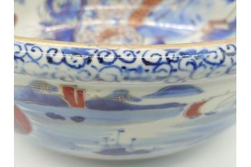 江戸期　古伊万里　色絵　染付　山水文　1尺皿　約31.5cm　藍色の濃淡で表現された図が魅力的な深鉢(一尺、深皿、和食器、和皿)(R-061979)