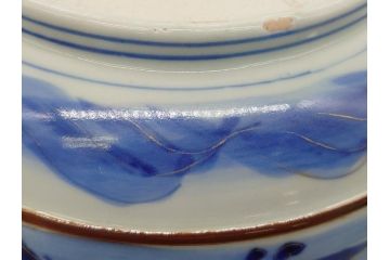 江戸期　古伊万里　色絵　染付　山水文　1尺皿　約31.5cm　藍色の濃淡で表現された図が魅力的な深鉢(一尺、深皿、和食器、和皿)(R-061979)