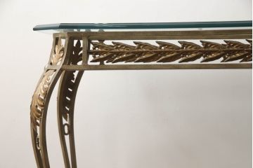 中古　DREXEL HERITAGE(ドレクセルヘリテイジ)　アメリカ輸入モデル　凝った装飾デザインがエレガント!!ガラストップのコンソールテーブル(サイドテーブル)(R-062009)