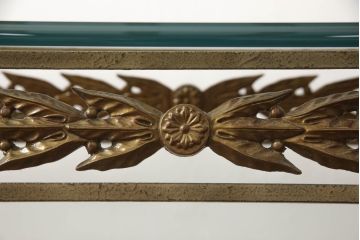 中古　DREXEL HERITAGE(ドレクセルヘリテイジ)　アメリカ輸入モデル　凝った装飾デザインがエレガント!!ガラストップのコンソールテーブル(サイドテーブル)(R-062009)