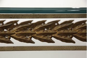 中古　DREXEL HERITAGE(ドレクセルヘリテイジ)　アメリカ輸入モデル　凝った装飾デザインがエレガント!!ガラストップのコンソールテーブル(サイドテーブル)(R-062009)