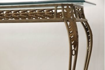 中古　DREXEL HERITAGE(ドレクセルヘリテイジ)　アメリカ輸入モデル　凝った装飾デザインがエレガント!!ガラストップのコンソールテーブル(サイドテーブル)(R-062009)