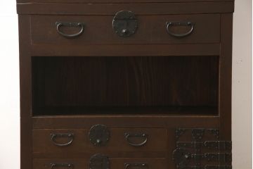 和製アンティーク　明治期　檜(ヒノキ)材　横桟引き戸の美濃帳場箪笥(収納棚、戸棚、時代箪笥、和タンス)(R-062018)