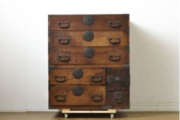 和製アンティーク　昭和初期　前面欅(ケヤキ)材　趣ある杢目と和モダンデザインが魅力的な仙台箪笥(引き出し、収納箪笥、衣装たんす)(R-062021)