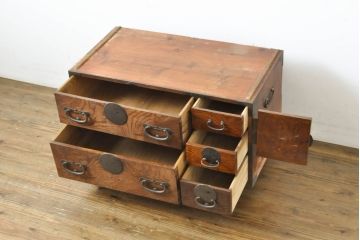 和製アンティーク　昭和初期　前面欅(ケヤキ)材　趣ある杢目と和モダンデザインが魅力的な仙台箪笥ローボード(サイドチェスト、ローチェスト、引き出し、収納たんす)(R-062023)