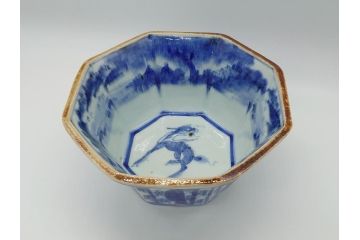 江戸期　古伊万里　染付　麒麟　竹林　賢人　6.4寸皿　約19.5cm　藍の濃淡で表現された圧巻の絵付けが魅力の八角深鉢(六寸四分、深皿、変形皿、和食器、和皿)(R-062044)