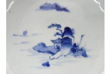 江戸後期　古伊万里　染付　山水文　6.6寸皿　約20cm　趣深い里山の情景が目を引く深鉢(六寸六分、深皿、変形皿、和食器、和皿)(R-062045)