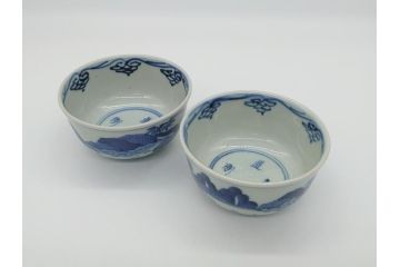 江戸期　染付　道光年制　風景図　柔らかい絵付けにほっこりする湯呑み2客セット(中国?、道光年製、茶碗、茶器)(R-062048)
