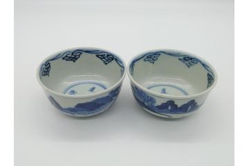 江戸期　染付　道光年制　風景図　柔らかい絵付けにほっこりする湯呑み2客セット(中国?、道光年製、茶碗、茶器)(R-062048)