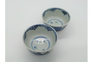 江戸期　染付　道光年制　風景図　柔らかい絵付けにほっこりする湯呑み2客セット(中国?、道光年製、茶碗、茶器)(R-062048)