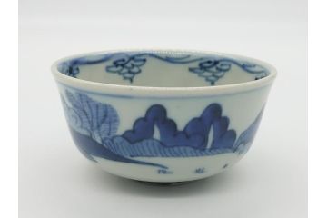 江戸期　染付　道光年制　風景図　柔らかい絵付けにほっこりする湯呑み2客セット(中国?、道光年製、茶碗、茶器)(R-062048)
