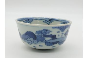 江戸期　染付　道光年制　風景図　柔らかい絵付けにほっこりする湯呑み2客セット(中国?、道光年製、茶碗、茶器)(R-062048)