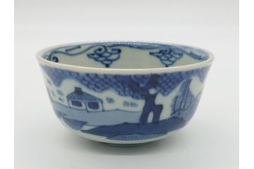 江戸期　染付　道光年制　風景図　柔らかい絵付けにほっこりする湯呑み2客セット(中国?、道光年製、茶碗、茶器)(R-062048)