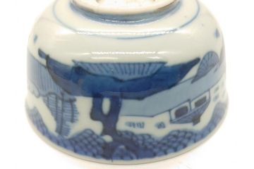 江戸期　染付　道光年制　風景図　柔らかい絵付けにほっこりする湯呑み2客セット(中国?、道光年製、茶碗、茶器)(R-062048)