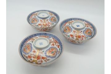 明治期　伊万里焼　色絵染付　蓋茶碗3客(角冨、角富、和食器)(R-062053)