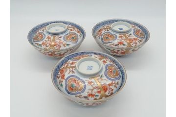 明治期　伊万里焼　色絵染付　蓋茶碗3客(角冨、角富、和食器)(R-062053)
