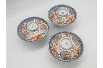 明治期　伊万里焼　色絵染付　蓋茶碗3客(角冨、角富、和食器)(R-062053)