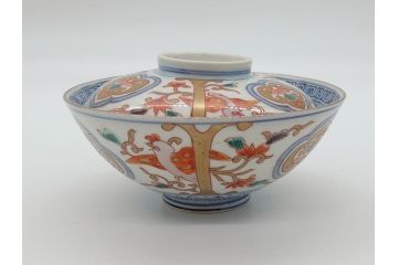 明治期　伊万里焼　色絵染付　蓋茶碗3客(角冨、角富、和食器)(R-062053)