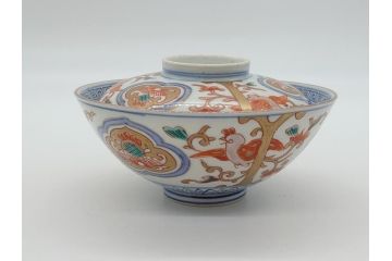 明治期　伊万里焼　色絵染付　蓋茶碗3客(角冨、角富、和食器)(R-062053)