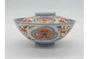 明治期　伊万里焼　色絵染付　蓋茶碗3客(角冨、角富、和食器)(R-062053)