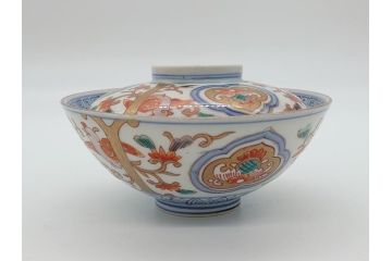 明治期　伊万里焼　色絵染付　蓋茶碗3客(角冨、角富、和食器)(R-062053)