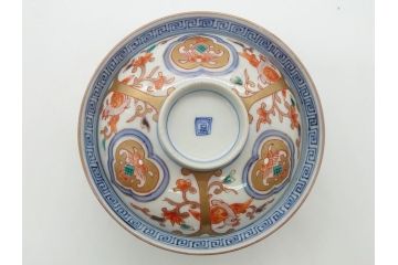 明治期　伊万里焼　色絵染付　蓋茶碗3客(角冨、角富、和食器)(R-062053)