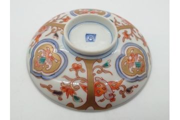 明治期　伊万里焼　色絵染付　蓋茶碗3客(角冨、角富、和食器)(R-062053)