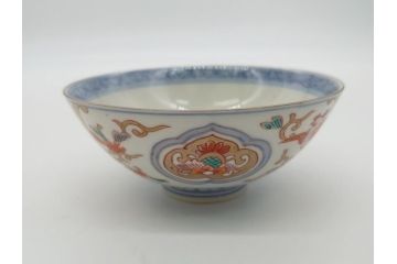 明治期　伊万里焼　色絵染付　蓋茶碗3客(角冨、角富、和食器)(R-062053)