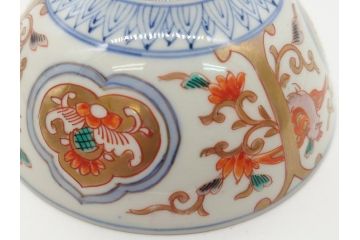 明治期　伊万里焼　色絵染付　蓋茶碗3客(角冨、角富、和食器)(R-062053)