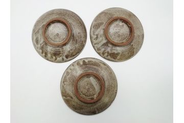 人間国宝　島岡達三　益子焼　スリップ文　7寸皿　約21　皿3枚セット(七寸、中皿、和食器、民芸陶器、和皿)(R-062058)