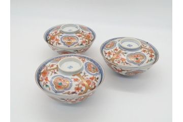 明治期　伊万里焼　色絵染付　蓋茶碗3客(角冨、角富、和食器)(R-062060)