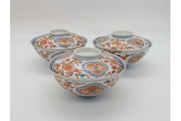 明治期　伊万里焼　色絵染付　蓋茶碗3客(角冨、角富、和食器)(R-062060)