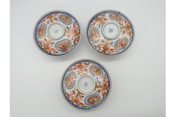 明治期　伊万里焼　色絵染付　蓋茶碗3客(角冨、角富、和食器)(R-062060)