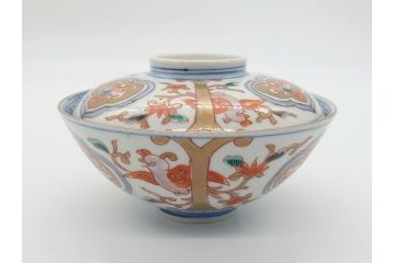 明治期　伊万里焼　色絵染付　蓋茶碗3客(角冨、角富、和食器)(R-062060)