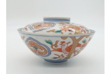 明治期　伊万里焼　色絵染付　蓋茶碗3客(角冨、角富、和食器)(R-062060)