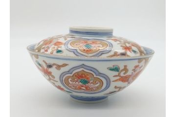 明治期　伊万里焼　色絵染付　蓋茶碗3客(角冨、角富、和食器)(R-062060)