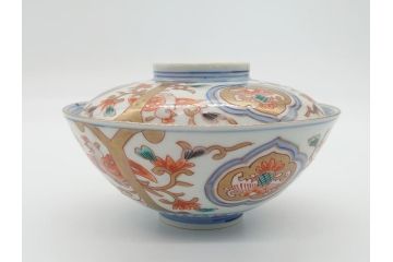 明治期　伊万里焼　色絵染付　蓋茶碗3客(角冨、角富、和食器)(R-062060)