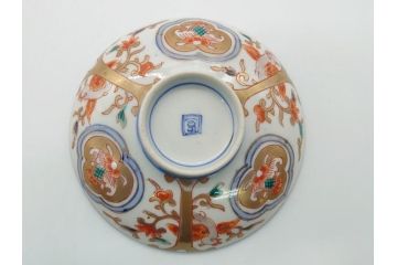 明治期　伊万里焼　色絵染付　蓋茶碗3客(角冨、角富、和食器)(R-062060)