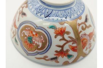 明治期　伊万里焼　色絵染付　蓋茶碗3客(角冨、角富、和食器)(R-062060)
