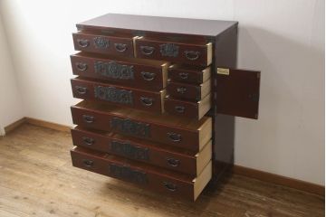 中古　美品　二本松工藝館　田中家具　重厚感ある佇まいが魅力的な収納箪笥(衣装箪笥、和タンス、整理箪笥、引き出し、チェスト)(R-062066)