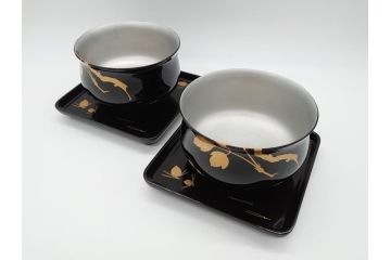 蒔絵　木製　内銀塗　漆　松牡丹文　凛とした気品漂う杯洗2客セット(盃洗、椀、お盆、和食器)(R-062076)