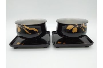 蒔絵　木製　内銀塗　漆　松牡丹文　凛とした気品漂う杯洗2客セット(盃洗、椀、お盆、和食器)(R-062076)
