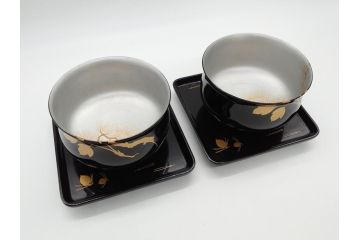 蒔絵　木製　内銀塗　漆　松牡丹文　凛とした気品漂う杯洗2客セット(盃洗、椀、お盆、和食器)(R-062076)