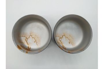 蒔絵　木製　内銀塗　漆　松牡丹文　凛とした気品漂う杯洗2客セット(盃洗、椀、お盆、和食器)(R-062076)
