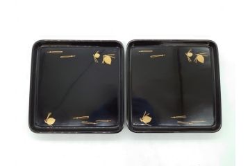 蒔絵　木製　内銀塗　漆　松牡丹文　凛とした気品漂う杯洗2客セット(盃洗、椀、お盆、和食器)(R-062076)
