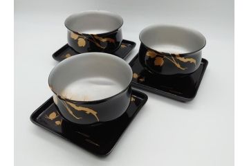 蒔絵　木製　内銀塗　漆　松牡丹文　凛とした気品漂う杯洗3客セット(盃洗、椀、お盆、和食器)(R-062077)